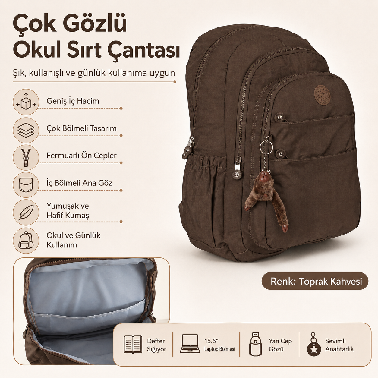 Relaxion Çok Gözlü, İçi Geniş, Su İtici Özellik, Aksesuarlı, Krinkıl Okul Çantası 1625 Kahverengi